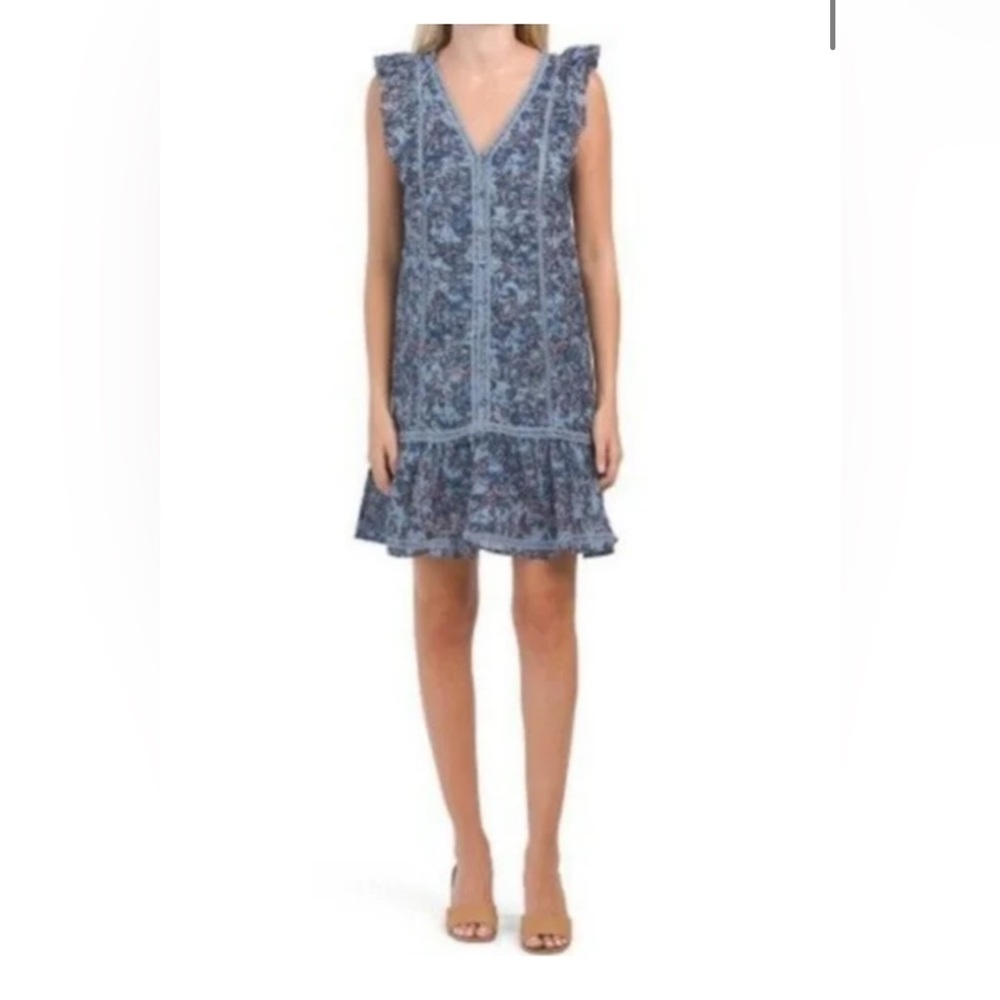NWT Lucky Brand Floral Ruffle Cap Sleeve Short Dress V-neck coastal Front Size M